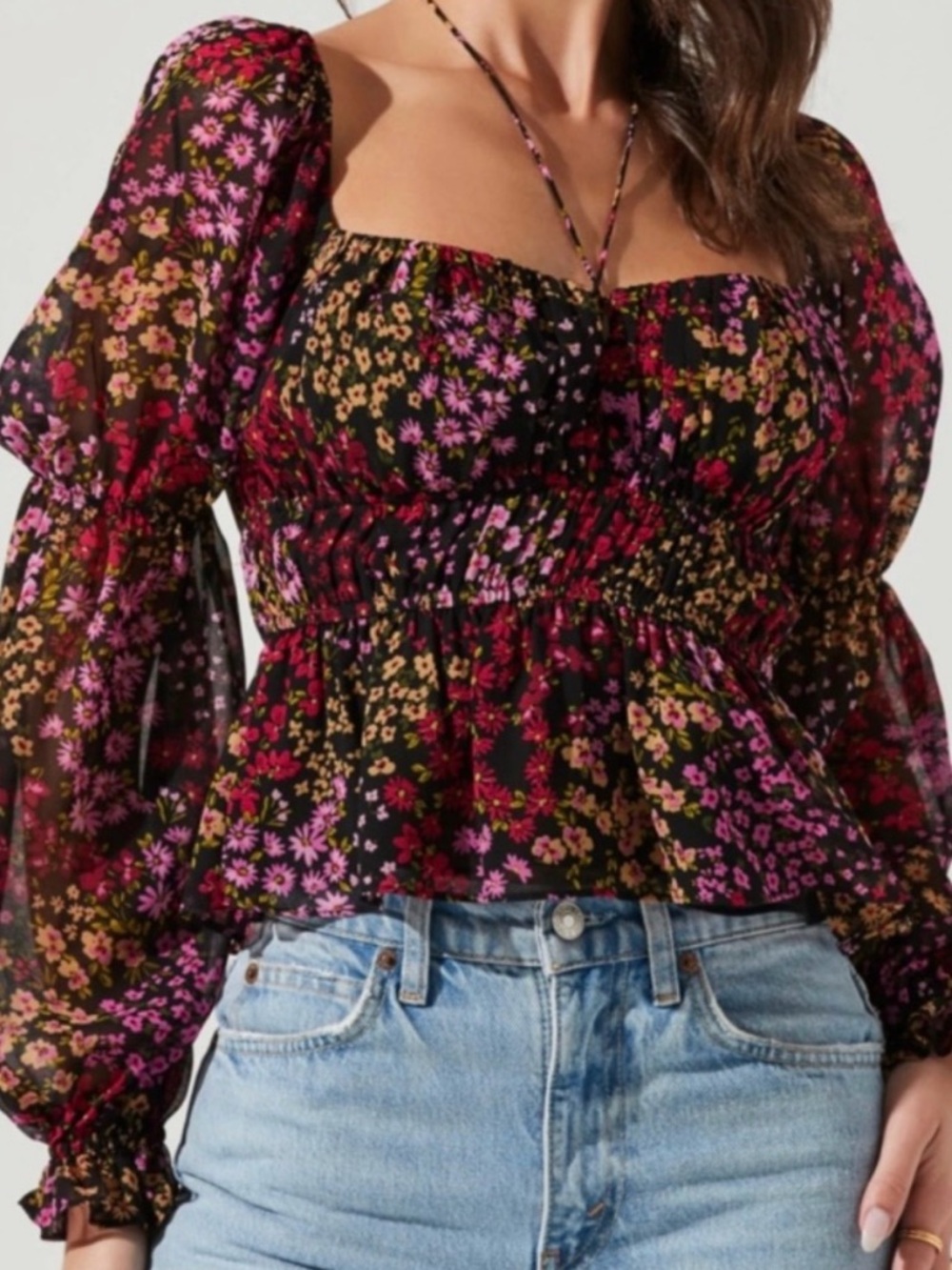 Astr Black Sheer Floral Smocked Peplum Blouse